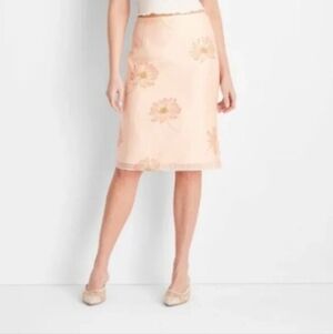 Pink Peach Floral Cosmos Print Midi Skirt
